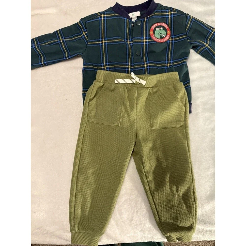 Dip Dinosaur Plaid Toddler Outfit 2T Green Joggers Long Sleeve Top Set